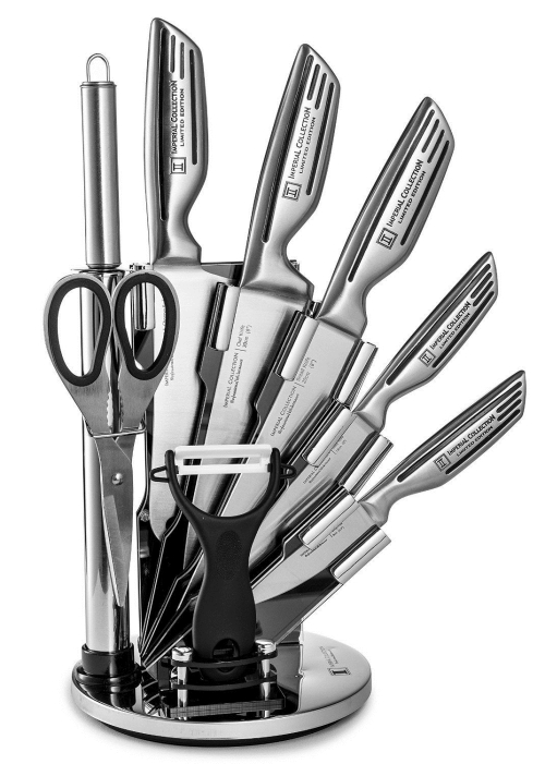 Imperial Collection Stainless Steel Kitchen Knife 9 Piece Set, and Acrylic Stand, Silver Signature